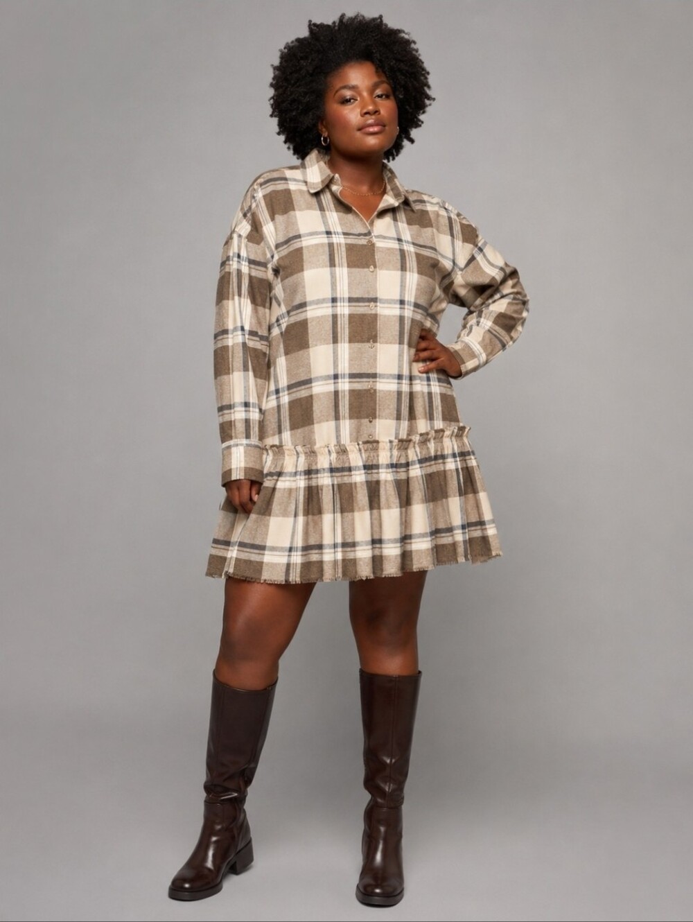 ASOS Curve NWT Tan Plaid Drop Waist Mini Shirt Dress Women's Size UK 24 US 20